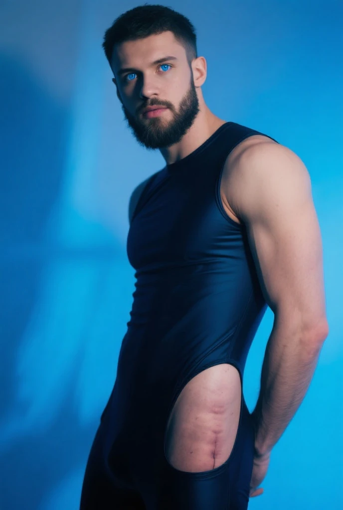 Best image quality, Ultra-high resolution,Long legs,Are standing,photograph,1 male,Blue wrestling singlet,Black long tights,White long socks