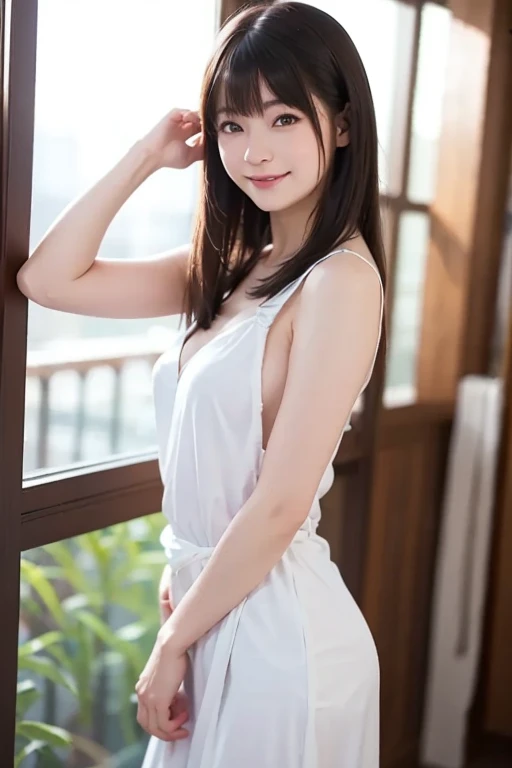 in old-japan town,yukata-top,white G-string with thick-string and plain-cloth,18-year-old,bangs,a little smile,thighs,crotch,knees,short cut hair,pigtail,from below