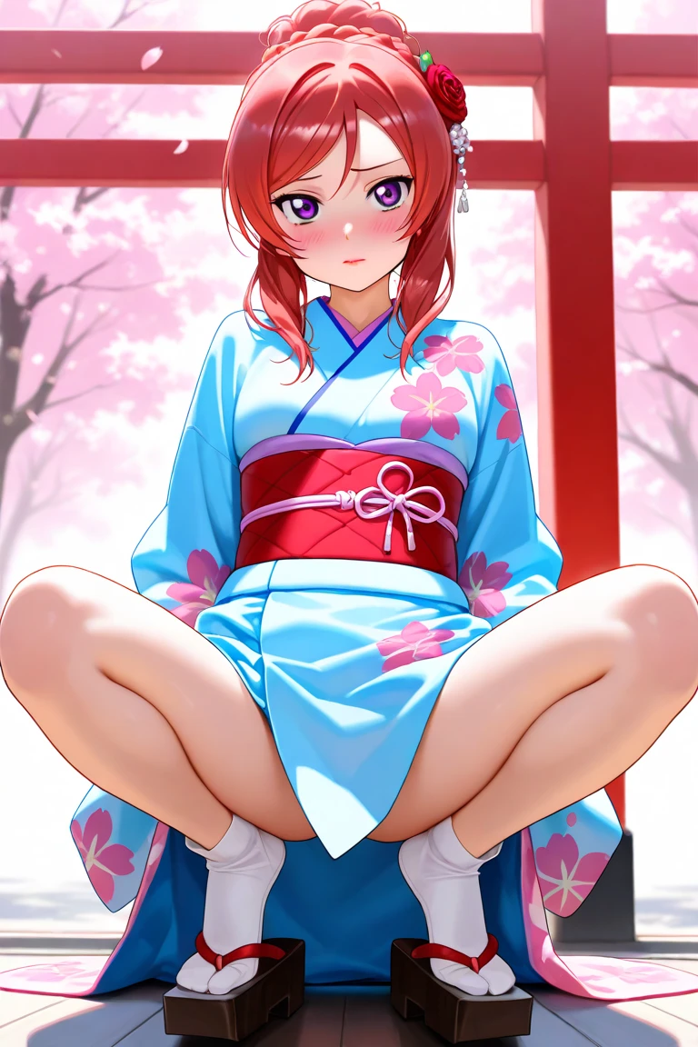 Beautiful girl wearing a short yukata with a white and red hem is squatting and touching her hair with one hand, looking at the camera, ((((background blur))), sandals with nose cords, bare feet, cotton underwear,