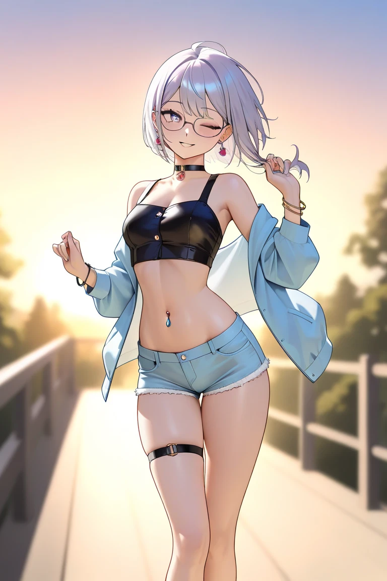 Obra maestra, La mejor calidad, Purah, gafas rojas, adorno para el cabello, chaqueta blanca, Camisa sin mangas, falda negra, leggings naranjas, Parte superior del cuerpo, En pie, sode, Estatua de piedra, Cielo, nubes, Mirando al espectador, They are smiling, Perfect lighting, swimming suit