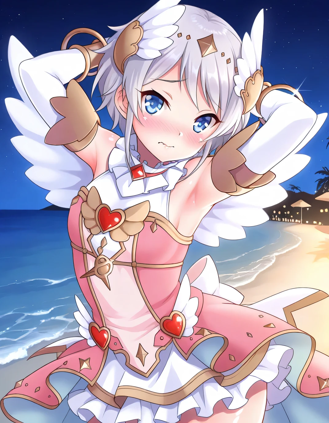 yori_angel,wing hair ornament,wings, pink dress, bracelet,angel wings,dress, jewelry, white wings, hair ornament,feathered wings, bare shoulders,frills,bangle,detached sleeves, gloves, sleeveless, skirt, fake wings, shiny skin, solo, night sky, beach, armpits, hands behind head, ((contrapposto)), closed mouth, cowboy shot, looking at viewer, wavy mouth, shy, best quality