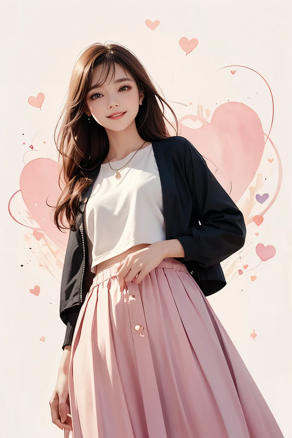 two-dimensional, national foundation, pastel colors, watercolor, line art, ankymoore, woman, alone, long hair, looking at the audience, long flowing skirt, brown hair, smiling, loose fit crop jacket, brown eyes, jewelry, Hearts in the air, view from below, standing on edge of a lineart illustration ink dripping background