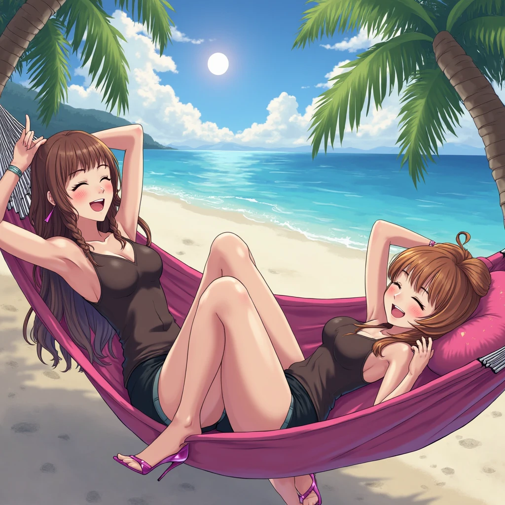 A poster for a game, two girls on a beach, high definition, sunlight, beach, lounge chair, contrast between light and dark, ray tracing, anime, 3D
