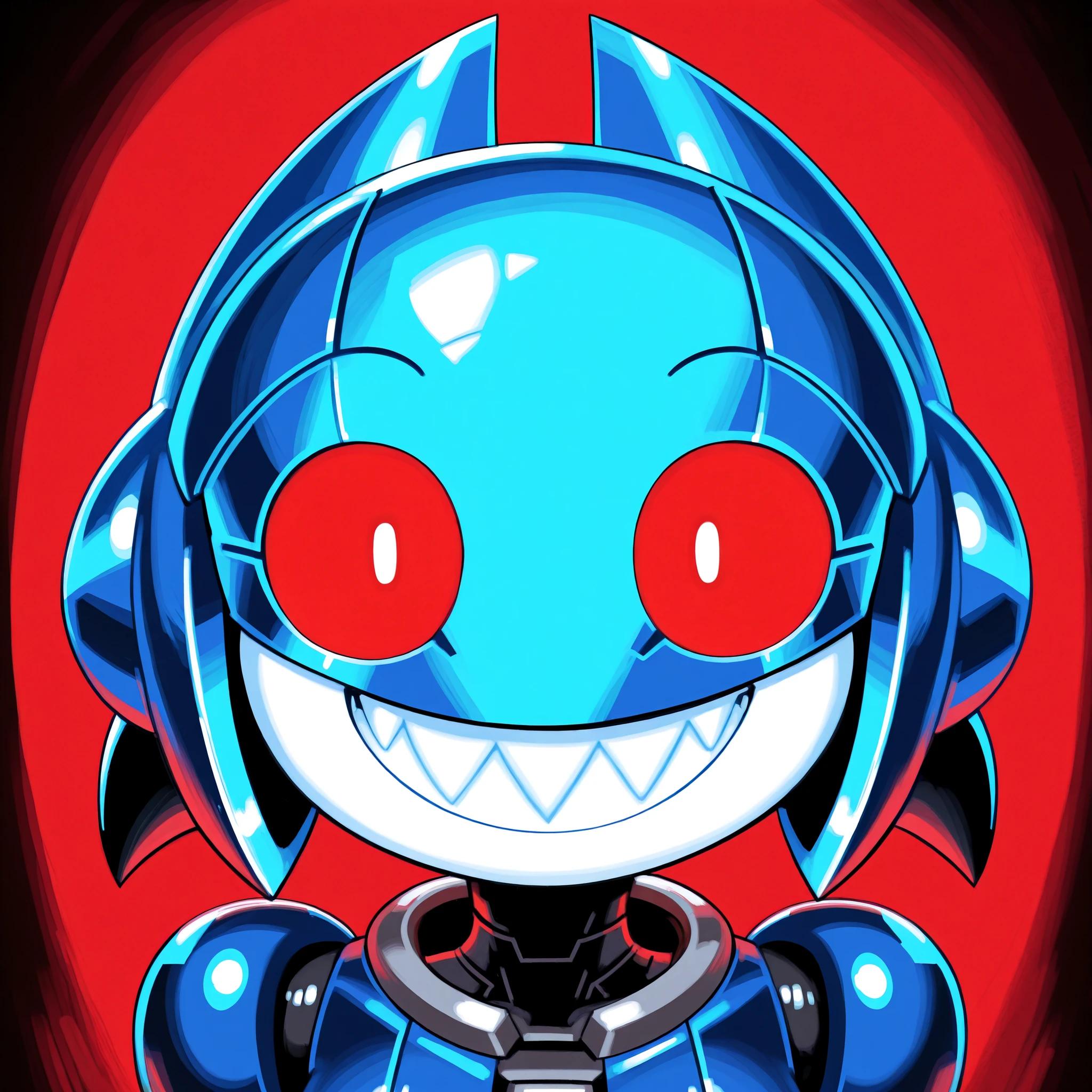 2d, Minus8, robot girl, machine, mechanical, shark icon, beautiful, female, cute, vibrant, blue metal, cyan metal, horny, lewd, red eyes, front face, grin, very-wide fov, teeth, dark bright red background.