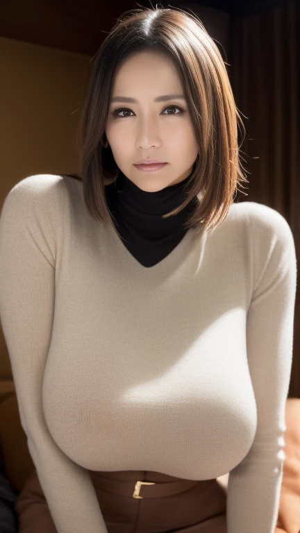 (8K、超A high resolution、The ultra -The high-definition、An ultra-high picture quality、Ultrarealistic、Best Quality、masuter piece)(a Pretty Japanese woman、Black hair short bob:1.1)(Colossal tits、rather large breasts、Pretty big breasts、toned body、Chest close-up、(Always panty shots):1.2)(White turtleneck、Tight mini skirt、kneehigh boots、Beautiful long legs:1.23)Sitting on a sofa at a stylish cafe