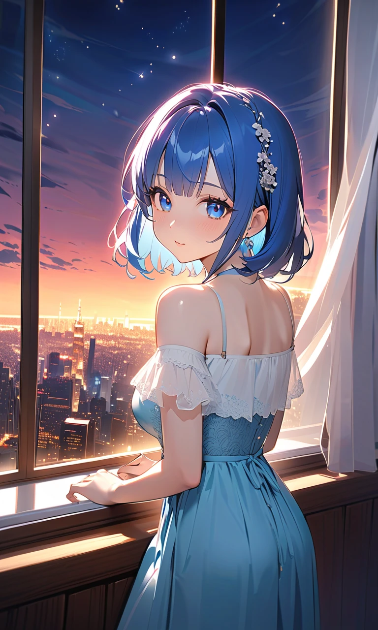 ((highest quality, 8K, masterpiece)),Rem(Re:zero),((Thumbs up(👍️)nice,Good Signs,stick out thumb,Five fingers)),((close one eye,happy smile)), cute beautiful woman with perfect body: 1.4, slim big breasts: 1.2, ((blue hair,short hair, big breasts: 1.2)),smile,happiness,後Light,Light , (small transparent dress, half naked, highly detailed chest, happinessな表情, Are standing: 1.2,mini skirt,cleavage), ((city night view, Balcony Simple: 1.3 Making of a woman)), Highly detailed face and skin texture, fine eyes,