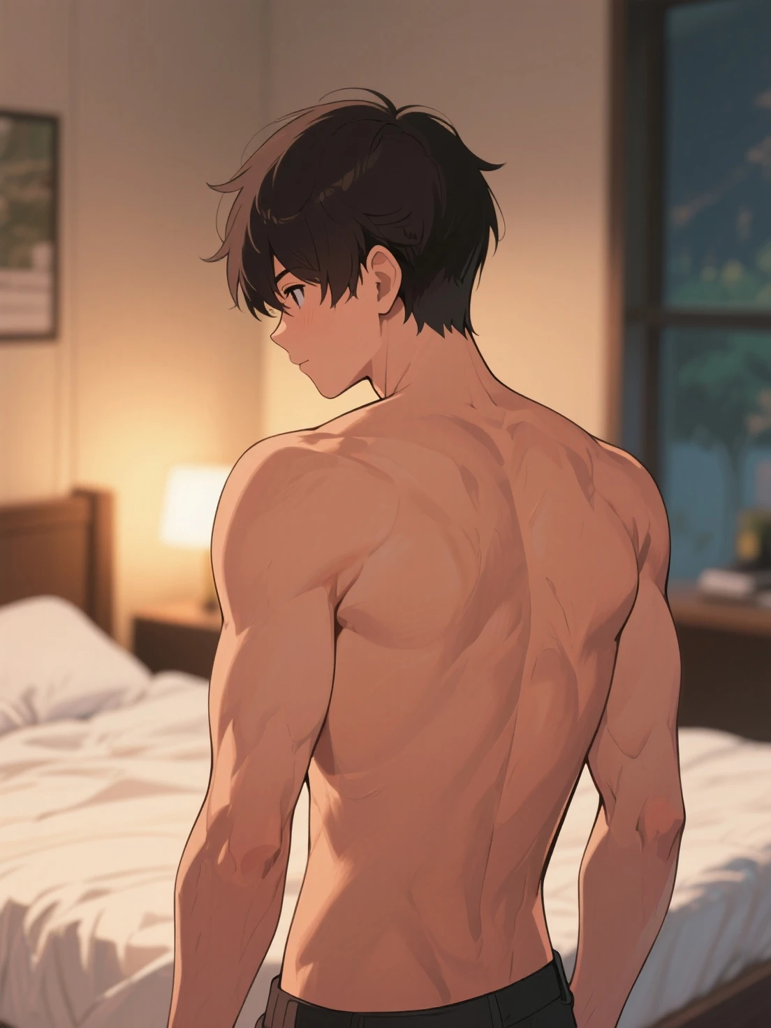 (masterpiece, Best Quality),The whole body of boy,(younge boy),ager face,Rear view,Body tilt,delicate big eyes,Open your eyes,,smooth and delicate skin,Short square face,Surprised expression,infancy,young age,short round face,Flat chin,finely detaild face,well-muscled,short bright black hair,with an intricate,nakeness,(backbone:1.2),the night,vivd colour,(depth of fields:1.2),Raised sexy,lie face down,bed room,