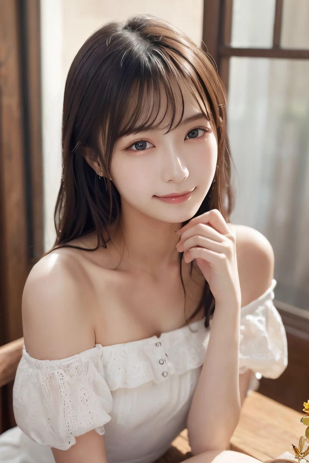 1 Japanese girl,From the side、(Off-the-shoulder blouse:1.4), (RAW Photos, highest quality,8k wallpaper), (Realistic, Photorealistic:1.4), Very delicate and beautiful, Very detailed, , wonderful, In detail, Very detailedなCG Unity, High resolution, Soft Light, Beautifully detailed 19 year old girl, Very detailedな目と顔, Beautifully detailed nose, Beautiful fine details,Cinema Lighting,Cafe,Perfect Anatomy,Slender body,,Large Breasts,A sparkling smile (Five parts, Black Hair,Medium Wave:1.2)