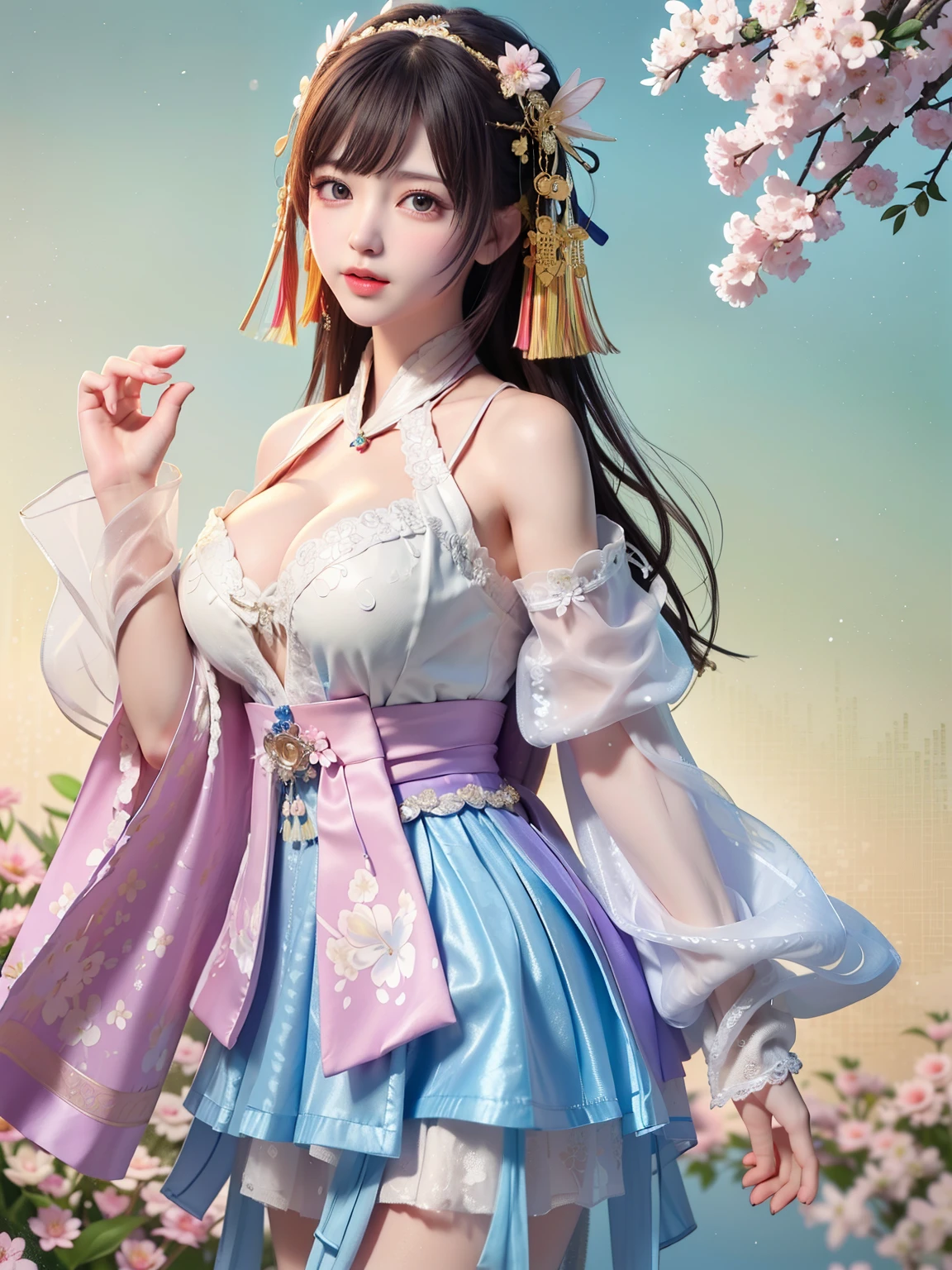 (8k, RAW photo:1.2), best quality, ultra high res,dramatic angle,(fluttered detailed color splashs), (illustration),(((1 girl))),(long hair),(rain:0.9), (Headdress:1.4),There is an ancient palace beside the girl,Hanfu,(Key Points),Color ink painting,(Splash of Color),Splash of Color,(((colorful))),(sketch:0.8) , Masterpiece, best quality, beautiful painted, highly detailed,(denoising:0.6),[splash ink],((ink refraction)), (beautiful detailed sky),moon,highly,detaild,(masterpiece, best quality, extremely detailed） CG Unity 8k Wallpaper，masterpiece，best quality，Ultra Detailed），（Lycoris）.shoulder ballet dress open V-chested clothes Thin silk lace dress short skirt , (huge ，cleavage),, white pink, blue ，best qualtiy，tmasterpiece，Ultra-high resolution，（Reality：1.4），RAW photogr，（True skin texture：1.3），（filmgrain：1.3），（Selfie angle），1个Giant Breast Girl，Beautiful eye and face details，tmasterpiece，Best quality at best，，The chest more exposed， detailed hair, bra pink , detail 8k, full body, lace petticoat