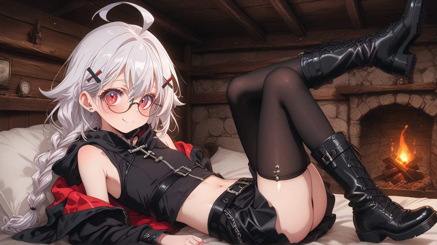 nsfw:1.9、4K（（Great anime））（(masterpiece)） (high quality) (detailed: 1.9) (Perfect Face) (detailedな髪) (Shiny Hair: 1.9) (Glowing Skin) （（cute））（（One beautiful girl））（（cute））（Short:1.9）（Thin waist:1.9）（（（（10 year old beautiful girl））））（（（boyish）））（（Pettanko's chest））（（long hair））（（Silver Hair））（One strand of black hair）Red Eyes、ear、Earrings、（（whole body））（（Black oversized coat））（（（Long sleeves:1.9）））（（（Moe sleeves:1.9）））（（Compression Sports Bra））（（（（Hide your face with a hood:1.9））））Confused eyes、（（（（（（Leather shortsの隙間から見える股えくぼ:1.9）））））））（（（（Sit with your legs apart, exposing your inner thighs:1.9））））（（Deep slit））（（（（Shrug:1.9））））Steampunk World、（（gear））（（（clock）））Slam、（（（Leather shorts:1.9）））（（Low rise））barefoot、