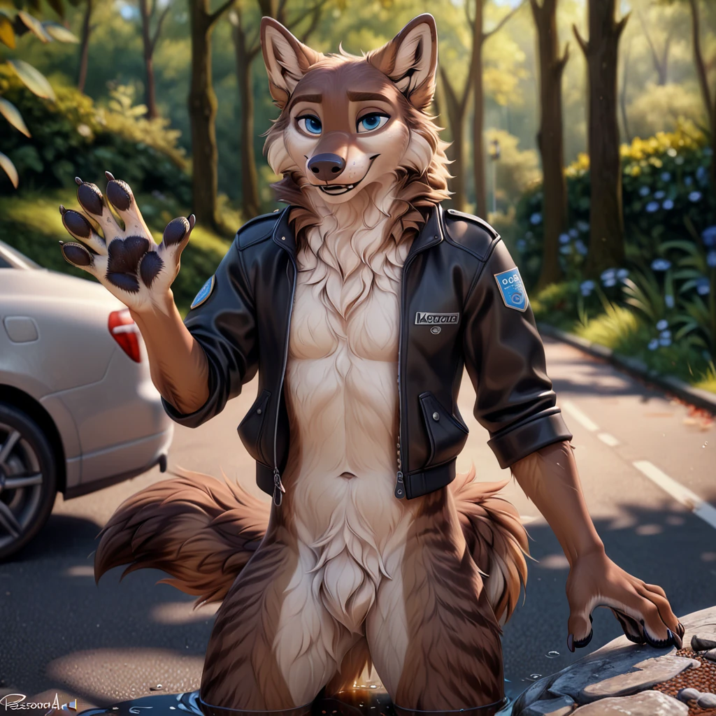 Wolf wearing a motogp racing suit(shiny red), slime consume a wolf, standing on super market, erection, real big dickhsaft, wanking, cumshot, horny face, a lot of cum on his face