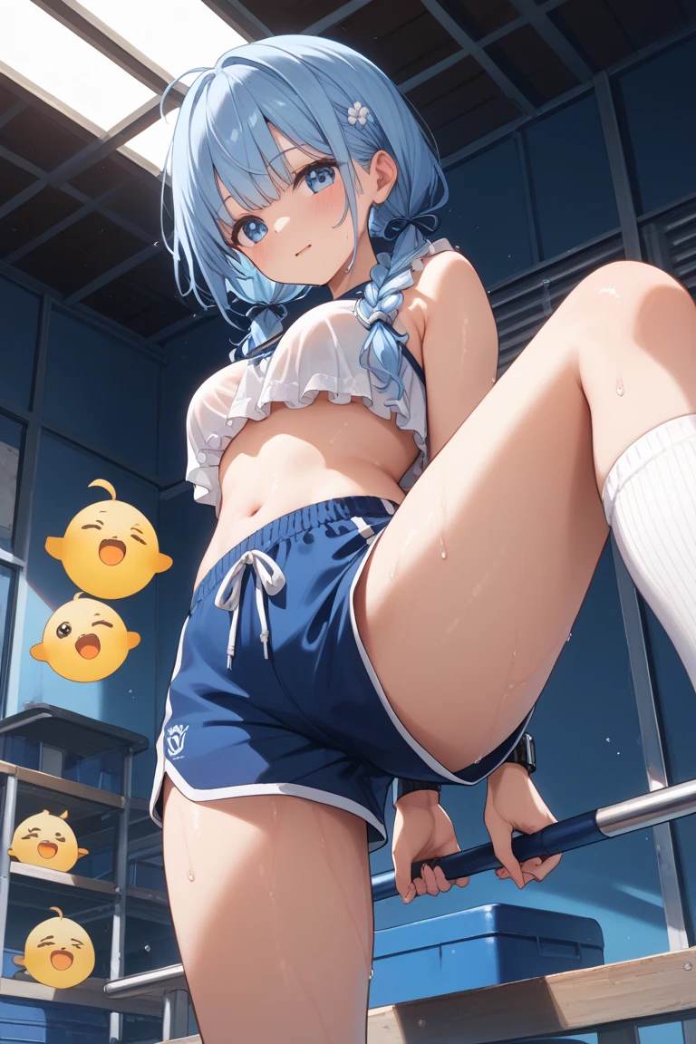 (((masterpiece))),(((best quality))),(ultra-detailed,high resolution:1.2),(illustration),((an extremely delicate and beautiful)),(detailed background), ((((from below ceiling)))), standing, hand on own hip, (look down), ((((wrestling ring)))), ((((1petit girl,short stature)))),((((miyako/(blue archive/)))),official style, (slender body:1.4), (long hair,ponytail),white hair,bangs, purple eyes, (flat chest), covered navel, collarbone, pale skin,shiny skin, ((She wears one piece swimsuit,frilly swimsuit, hair ribbon)), (expressionless,half-closed eyes,look down), (cum on clothes,cum on body,excessive cum:1.4),cum facial,bukkake,cum on hair,cum on pussy, clothing aside, clothed,
