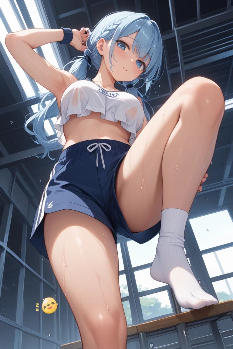 ((4K,8K,Highest quality,Perfect Fingers:1.3,Perfect Anatomy:1.3,Background Blur)),((,woman,cute big droopy eyes,Straight Long Hair,Beautiful and slim girl,Black Hair)),((Complex and detailed:1.4)), ((Very detailed)),[[[See through]]],(Gym suit),((Dark blue gymnastics bloomers)),((White shirt)),((Short sleeve)),((Wet:1.2)),(White shirt over nipples),Large Breasts,blush,(Smiling Kindly),(Sweat),(Shiny skin),Perfect clear skin,super oily,Full body angle,Sexy pose,（Camel Toe：1.4),((Open your thighs wide to the left and right:1.2)),地面にsquat,Showing your crotch to the audience,(((Weight scale,squat:1.2, Put your arms behind your head))),Detailed description of the vagina,Show your vagina,[Wet crotch],My feet get wet,School poolside,