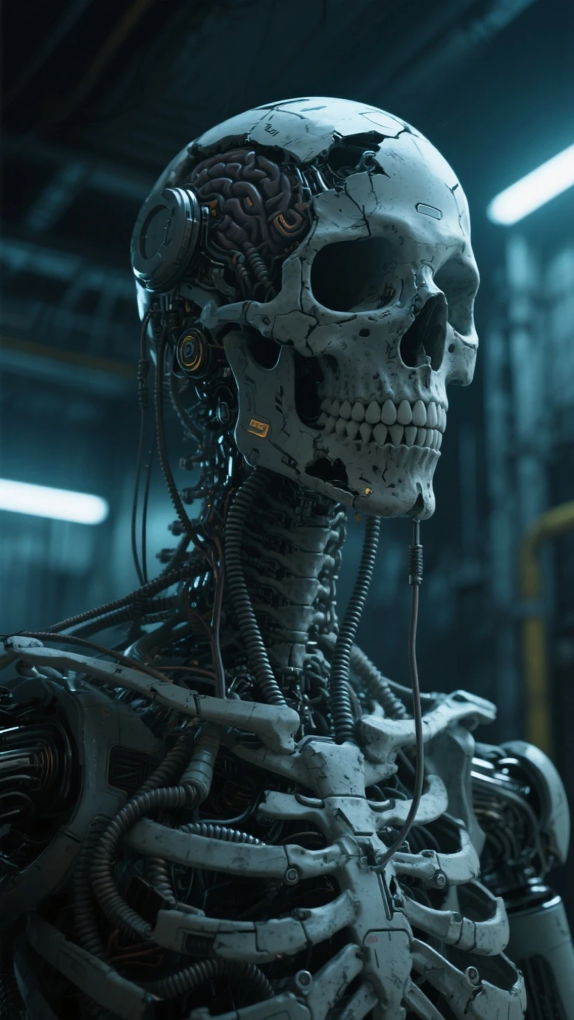 Electronic System on the Skull |cyborg man| with a visible detailed brain | no visible heart| fios de cabo de músculos| biopunk| cybernetic| cyberpunk| white marble surface| Canon M50| 100mm| sharp focus| slick| hyperrealism| Highly detailed | intricate details| Sculpted by Michelangelo