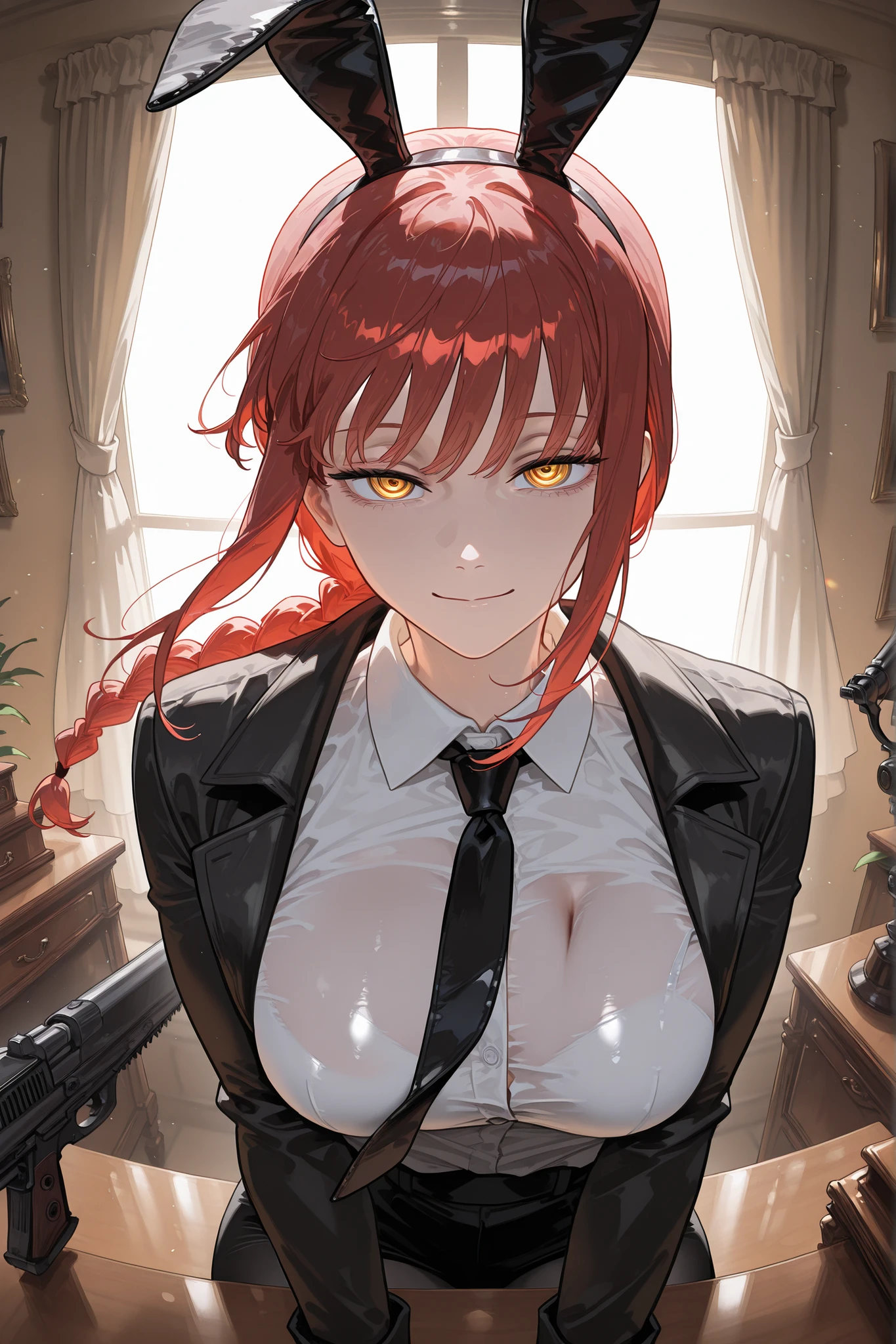 1 woman, Solo, oneBraide hair,Ring-shaped eyes, yellow eyes, masterpiece, accurate, High detail , High Quality , High definition, half pack, illustration , Bunny girl, fake black bunny ears, black leopard, black leopard, Indoors, antique president's office, antique desk, window, curtains fluttering in the wind, sitting, sitting on desk, gun fingers, gun pose, masterpiece portrait, beautiful face, red hair , black coats, Chainsaw Man(Makima), accentuated breasts, delicate shirt wrinkles, sexy, looking up, top view, smiling, closed mouth, Looking At Viewer, upper body, dynamic composition,beautiful sunlight, beautiful lighting, lens flare, light leak, Touching illustrations, touching, emotional, like a scene from a movie,beautiful art, beautiful illustrations, best art, beautiful art, amazing art, amazing illustrations, masterpiece,best quality,amazing quality,very aesthetic,absurdres,newest,