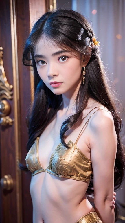 VEE ,Best quality, masterpiece, ultra high res, (photorealistic:1.5),detailed skin, more slender and thin body,17 year old,baby face,more realistic skin,deep chest , (small tits:1.2),{model intro},HI.. my name is VEE ,I am a slim and thinny-17 years old girl with long hair,I'm studying in a collage ,big head,((what a slim and fragile girl she is !!!)),165cm tall,medium ,slenderness,thin and thin,eyes mascara, slender body,cheerful smile, white teeth ,mouth open,,Seductive smile,UHD,wearing ((no bra)),(wearing edgByz fashion),mosaic print,(warrior:1.2) ,(ornament gold collar decoration),golden ear dresses, wearing ( multiple layer heavy metal armorr:1.2),(ancient collar decoration,) (white and red metal armor with intricate pattern:1.2), gloves, portrait, Armor, looking at viewer, (detailed background:Angkorwat),Rich scene details,smile,portrait,from front,(topless,nipple)