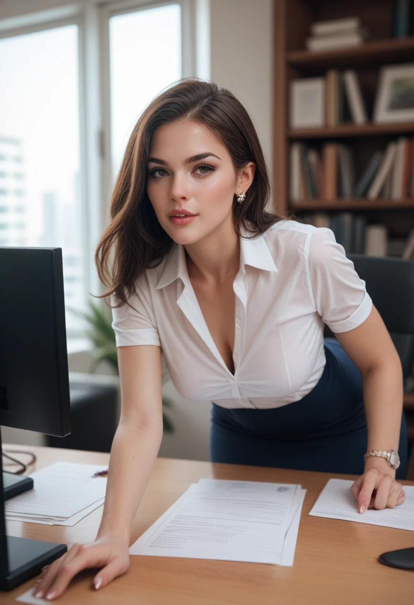 Business Lady, beautiful, belt angle, realistic, deep neckline, thoughtful look at the computer, background sitting in the office at the table