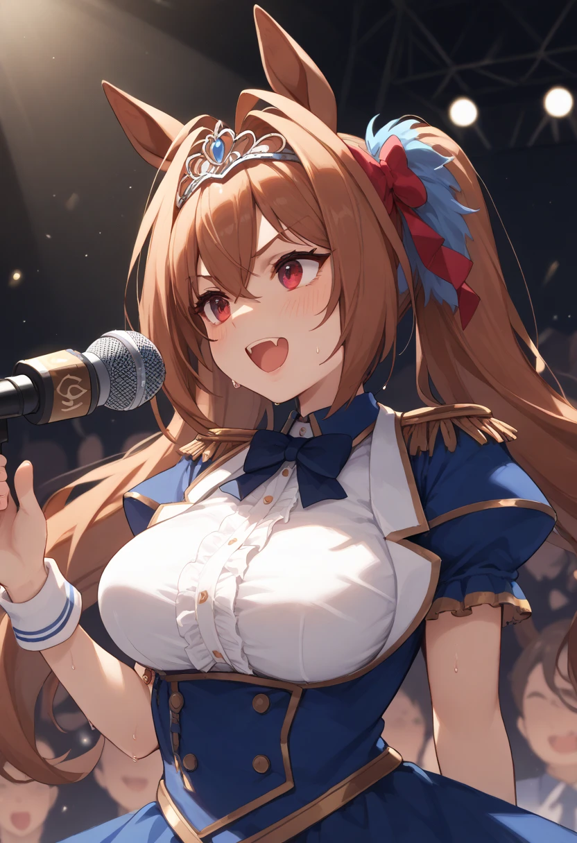 ((masterpiece)), ((best quality)), (ultra-detailed), ((kawaii)), cute, (lovely), illustration, anime style, upper body, focus on upper body, a cute girl, 1girl, solo, Stage of Live performance venue, idol clothes, Ruffled dress, {beautiful eyes}, (((drooping eyes))), brown eyes, beautiful black hair, ((medium hair)), medium breast, ((smiling)), fang, endearing, blush, digital art, elegant, youthful, graceful, ((The tips of her canine teeth are peeking out from her smiling mouth)), Double Tooth, (((pretty))), big smile, spotlight, singing on the stage.