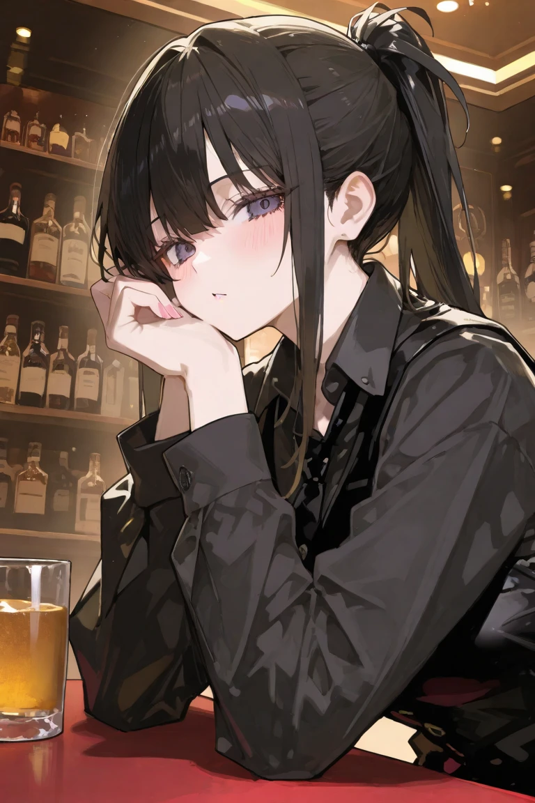 ((Woman)), Depressed, ((Curly Long Hair)), Drunk, Sad, Goth, Submissive, Bar, Night, HD, High Resolution, 4K