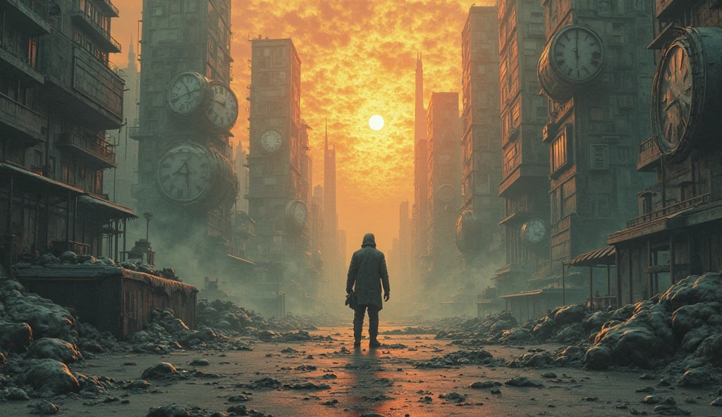 A lone figure stands calmly in a chaotic, surreal urban landscape ...