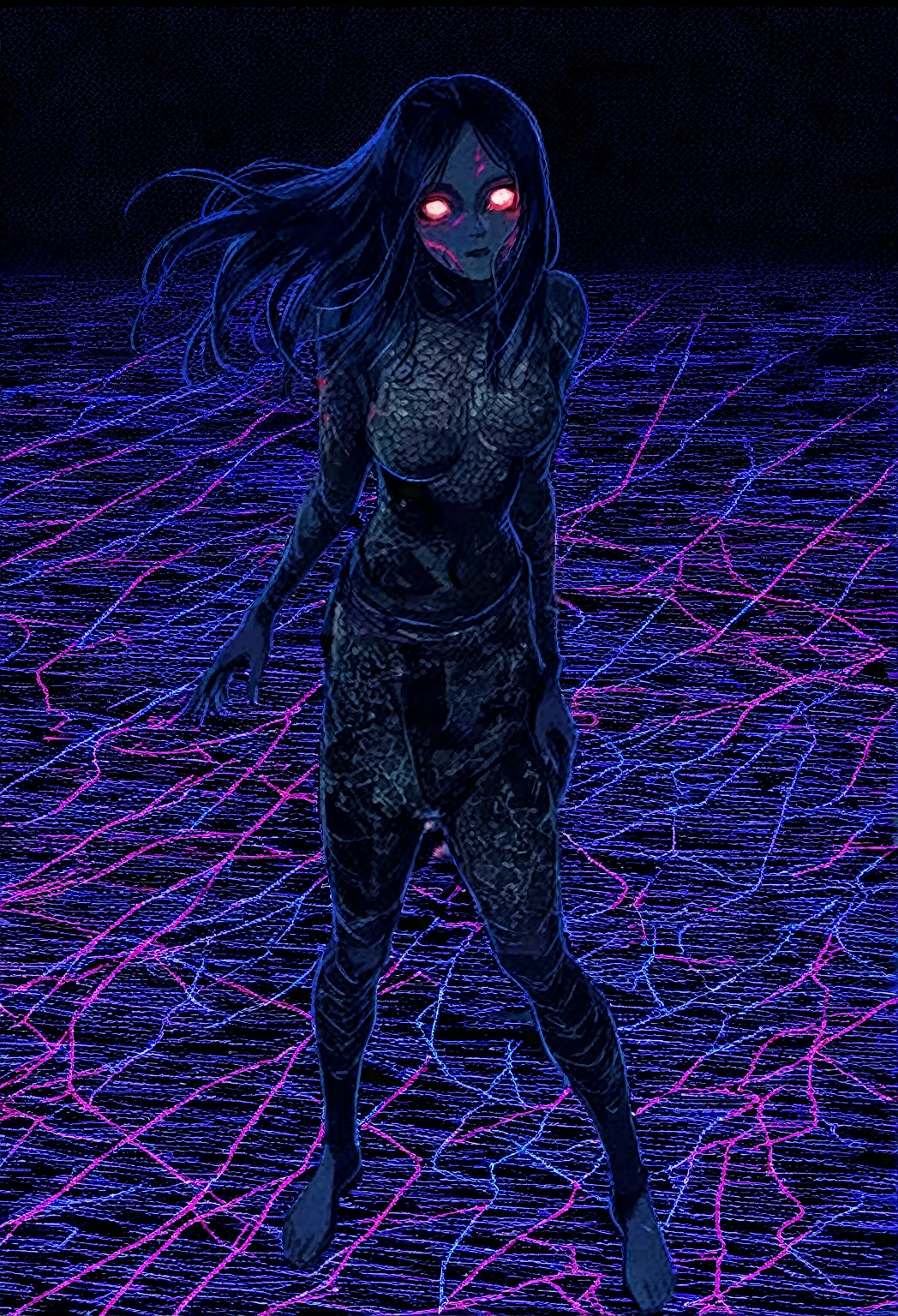 A slime girl with translucid ebony-black skin dressed in a army outfit and covered in barbed wire at night in a battlefield covered in abatis and barbed wire in black aesthetic art style