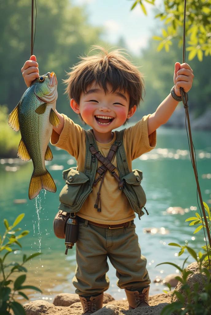 A cute little boy was especially happy to catch a fish