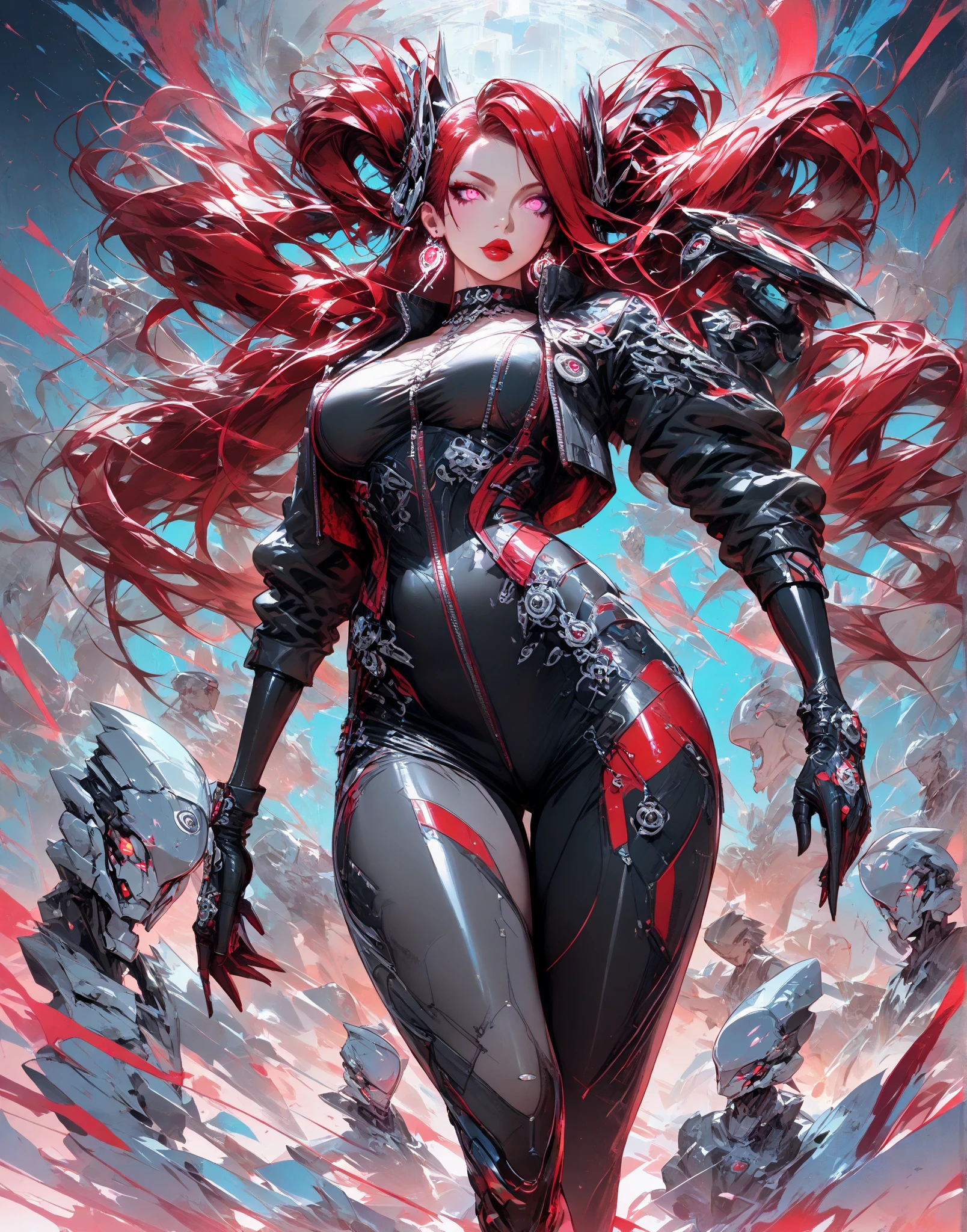 (beautiful girl:1.25), (megan fox:1.25), (young bodybuilder girl wearing cybernetic muscle suit:1.25), carnage muscular physique, seductive face, mouth wide open carnage style, long red hair, perfect muscular body, super skinny legs, sissy, femboy, (carnage style physique)