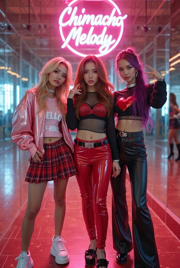 Pink and vibrant colors, Cyberpunk 25, perfection, smile, Brooklyn Bridge, Short short skirt, heavy metal inspired, White and gold crop top, heavy makeup, (fashionable mode girl:1.1), (artistic composition photo:1.3), Three young girls are posing in the classroom, Leather protection on the left arm with intricate graphics, Dark red with white stars and white and navy checkered pattern, armor, intricate design