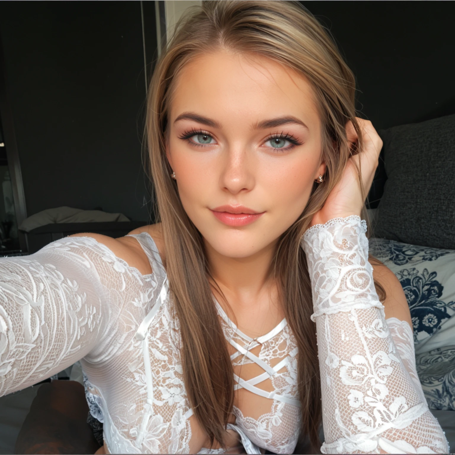 femme avec chemise et culotte , fille sexy aux yeux bleus, Portrait Sophie Mudd, Portrait de Corinna Kopf, cheveux blonds et grands yeux noisettes, Selfie d'une femme,30ans, ohne Maqillage, maquillage naturel, Regardez directement dans la caméra, Visage avec Artgram, maquillage subtil, Superbe photo du corps entier, dans la chambre, gros seins, blond, Latin,sexy