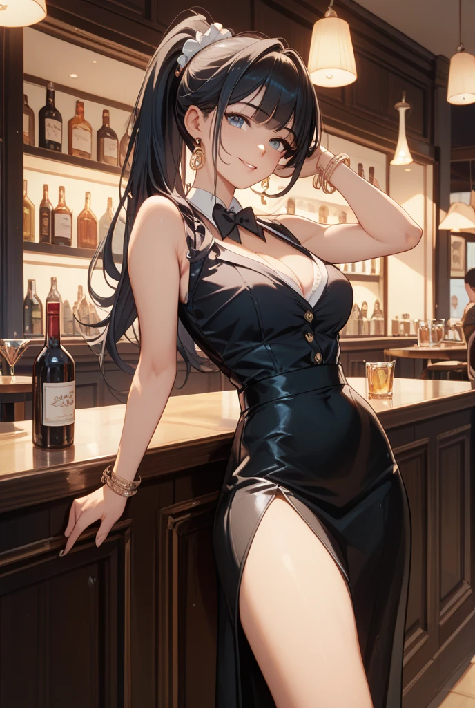 best quality, 4k, high resolution, masterpiece:1.2, extremely detailed), sad expression looking at the camera, Large Breasts, 30 years old girl, solo, black hair, long hair, blue eyes, (drunk, blush), sitting, drinking, ((Mature sexy body)), Black stockings, Black tight skirt, Mature sexy body, holding mug, counter, bar, (Stylish bar) indoors, ((Cocktail glass) full of colorful liquor), (Dimly lit room), Wine bottle, Detailed background, Fluffy hair, ((((Night background))))), (((In the bar))), Wine, Whiskey, Highball, (Shiny glow, Effect:1.2)