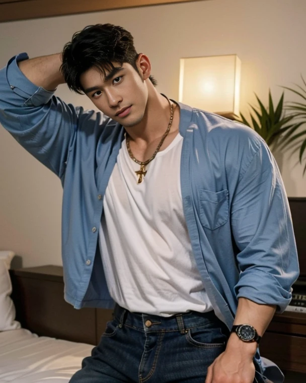 A 25 year old Indonesian man without a shirt and unzipped black jeans, posing for a photo, handsome chad chin, sweet face, inspired by Ahmad Al Ghazali Köhler