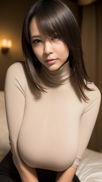 (Detailed skin:1.2),(Glowing Skin:1.1),(Natural Makeup),8k,Highest quality, masterpiece, Ultra-high resolution,(Realistic:1.4), RAW Photos,(Soft Saturation:1.3),(Fair skin:1.2),(One person,16 years),Improve,Glamour, Large Breasts,Brown hair and brown hair, Medium Hair, Asymmetrical hair, Wavy Hair, Asymmetrical bangs,Put on your boots,(Black turtleneck sweater),Bottomless,bed,