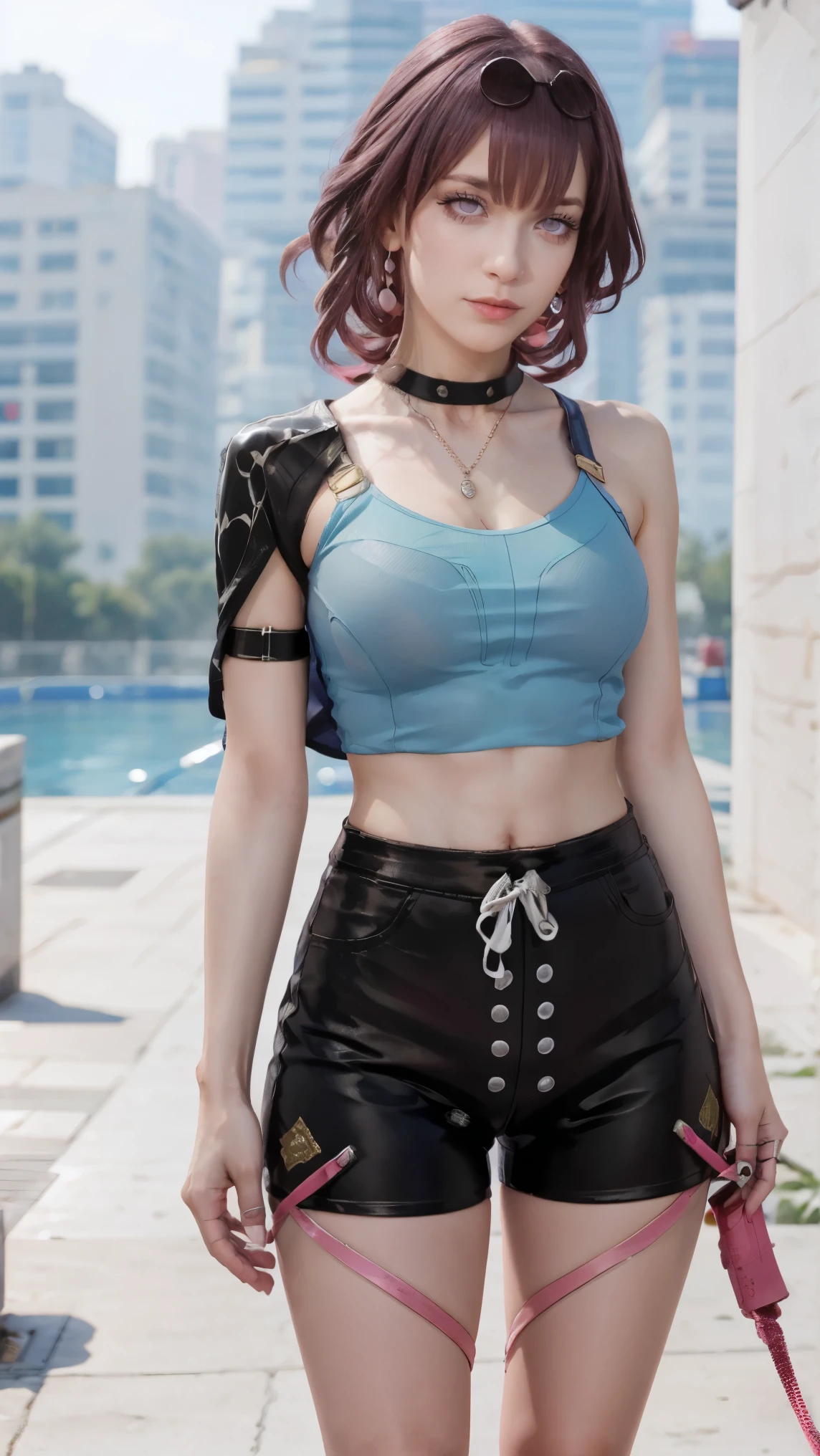 (ultra high res,photorealistic,realistic,best quality,photo-realistic), (8k, raw photo, best quality, masterpiece), ((nsfw)), (photon mapping, radiosity, physically-based rendering,automatic white balance), technological sense, best quality, masterpiece, illustration,CG ,unity ,wallpaper, official art, Amazing, finely detail, an extremely delicate and beautiful,extremely detailed, highly detailed, sharp focus,rich background,blurry background, (real person,photograph), (((high detailed skin,visible pores))), ((small breasts)), The woman using the electric baseball bat has a wild and untamed look about her. Her hair is a vibrant pink, with a choppy, asymmetrical cut that frames her face. She wears a black leather jacket over a neon green tank top, and her ripped jeans are held up by a studded belt. Her electric baseball bat crackles with energy, ready to unleash its full power on any foe foolish enough to challenge her.
