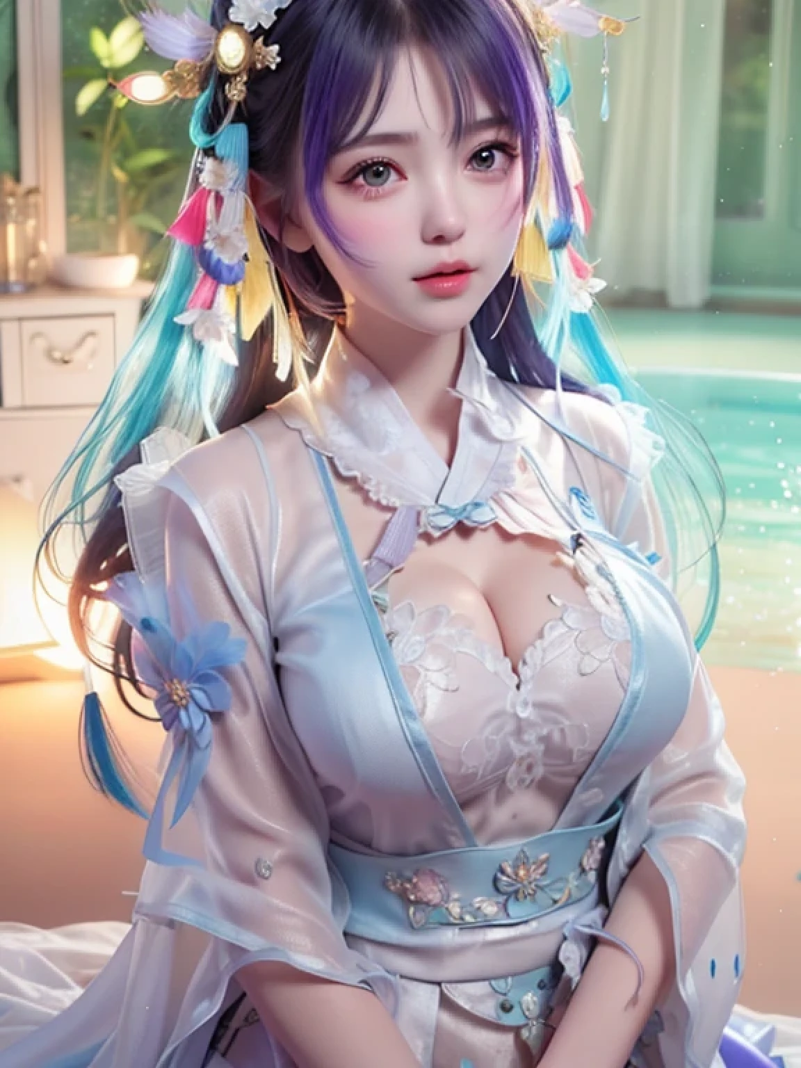 4,(((beautiful girl, Deep V,cleavage cutout,Shocked,(helpless),(distressed),(fantasy),open cloths,Pure and sexly,pointy breasts,(bitch virgin:1.5),(Holographic Clothes:1.1),torpedo breasts,See-through clothing,torpedo breast,Pointed chest))),gyaru,High target_solve, clearly_image, Detailed background,curvy ,best quality, high resolution, 8k画质, Perfect dynamic composition, Charming pose,sexly,Shy,masterpiece, best quality, high resolution, 8k, HDR, raytracing, detailed shadows, beautiful girl, (hyperdetailed:1.15), 4