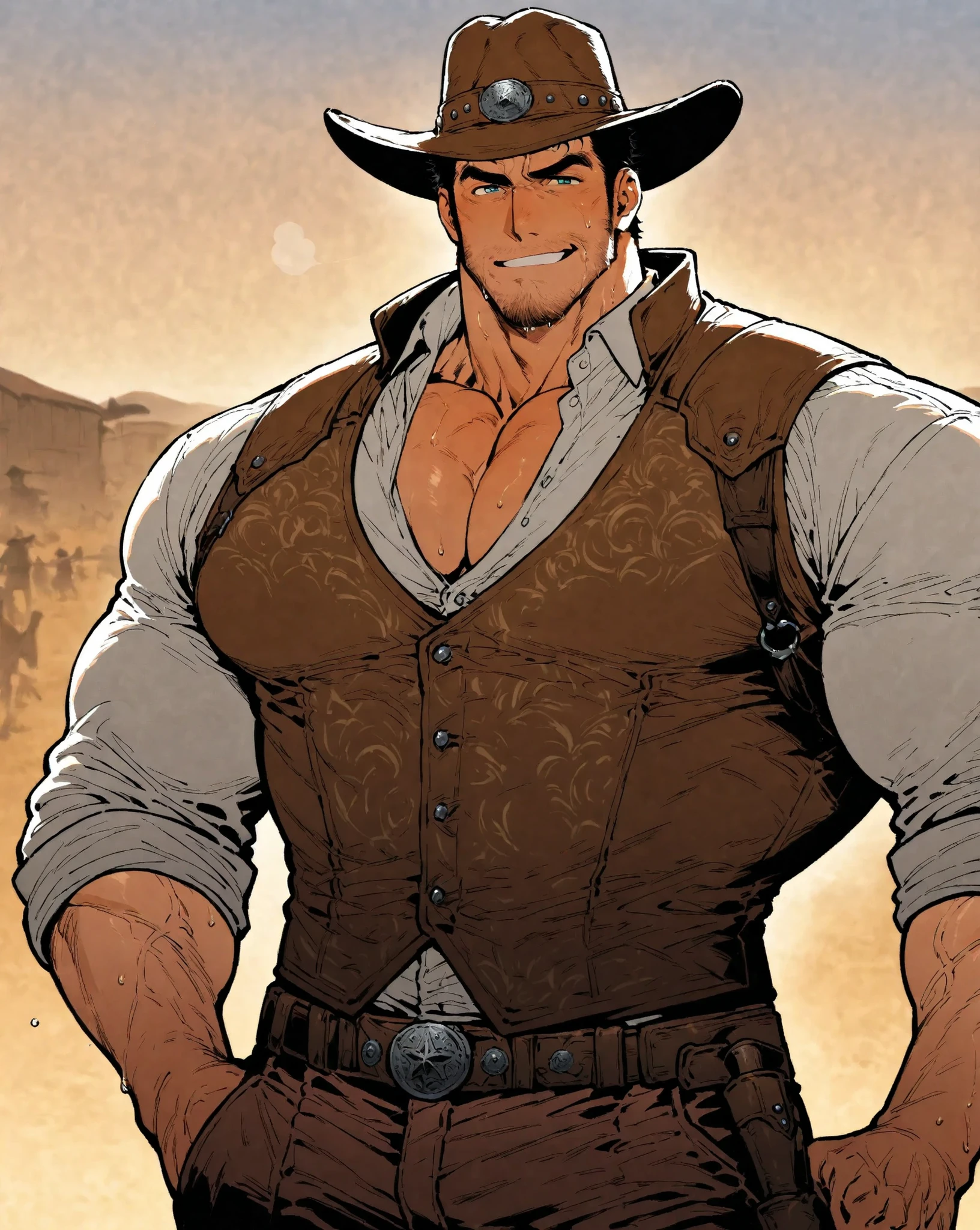 Pixar, dad bod, hairy chest, bearded, big, giga chad, muscular, big thighs, handsome man, cowboy, cowboy hat, boner, erect, heroic pose, muscular arms, big muscular chest, abs