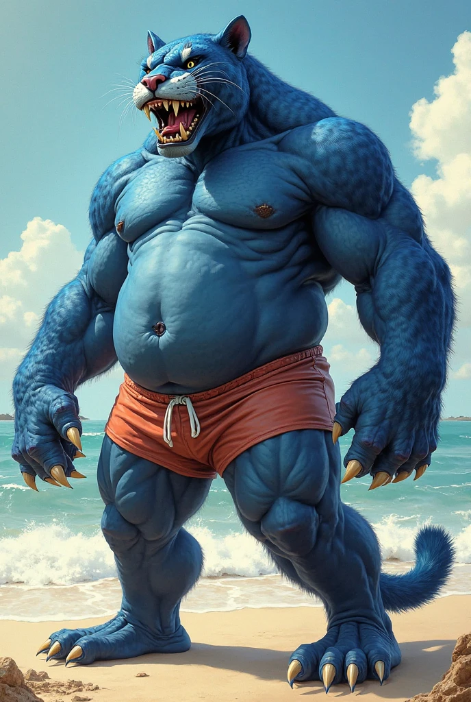realistic, hyper realistic, detailed muscle,(furry blue  white wolf), good anatomy, masterpiece, art winner, beach, extremely huge muscular, massive muscular, full-body, well-muscled old man. ((extremely muscle size, super thick arms, huge pec, extremely wide pectoral , huge arms)). (red thong:1.1), and add details to make it attractive and interesting. Add textures and details to make the image more realistic, Make sure the resulting image is high resolution, 8K quality."