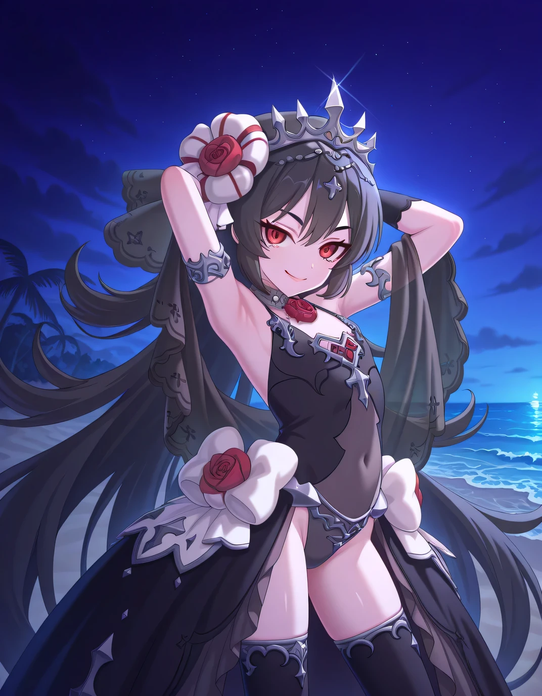 pcrilya, black hair, very long hair, red eyes, flat chest, ilyacer, tiara, veil, hair ornament, flower collar, grey collar, red flower, red rose, cross, white bow, grey leotard, covered navel, jewelry, black dress, black gloves, showgirl skirt, see-through shirt, armlet, see-through shawl, black thighhighs, shiny skin, high quality, solo, night sky, beach, hands behind head, (contrapposto), closed mouth, cowboy shot, looking at viewer, smile, best quality