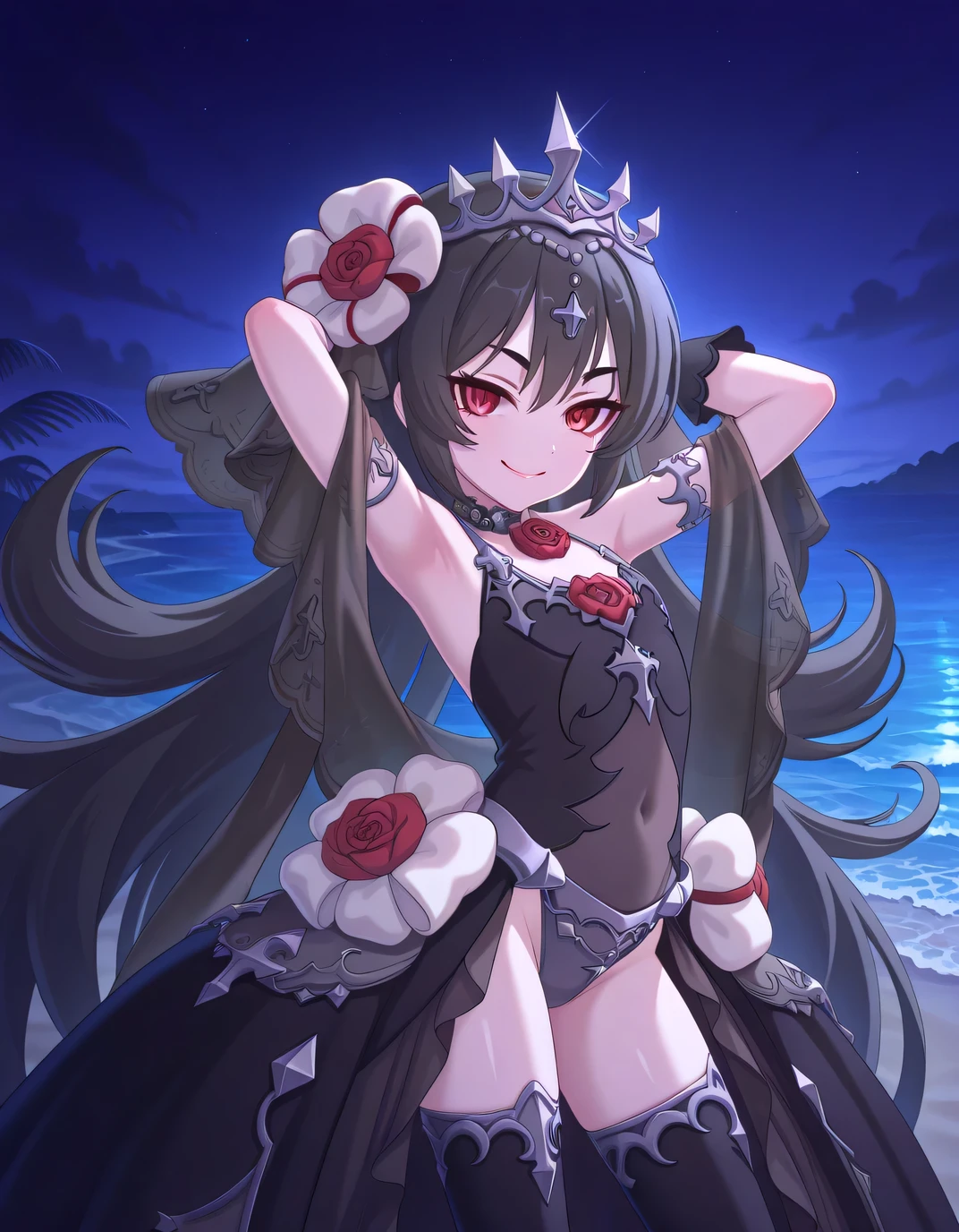pcrilya, black hair, very long hair, red eyes, flat chest, ilyacer, tiara, veil, hair ornament, flower collar, grey collar, red flower, red rose, cross, white bow, grey leotard, covered navel, jewelry, black dress, black gloves, showgirl skirt, see-through shirt, armlet, see-through shawl, black thighhighs, shiny skin, high quality, solo, night sky, beach, hands behind head, (contrapposto), closed mouth, cowboy shot, looking at viewer, smile, best quality