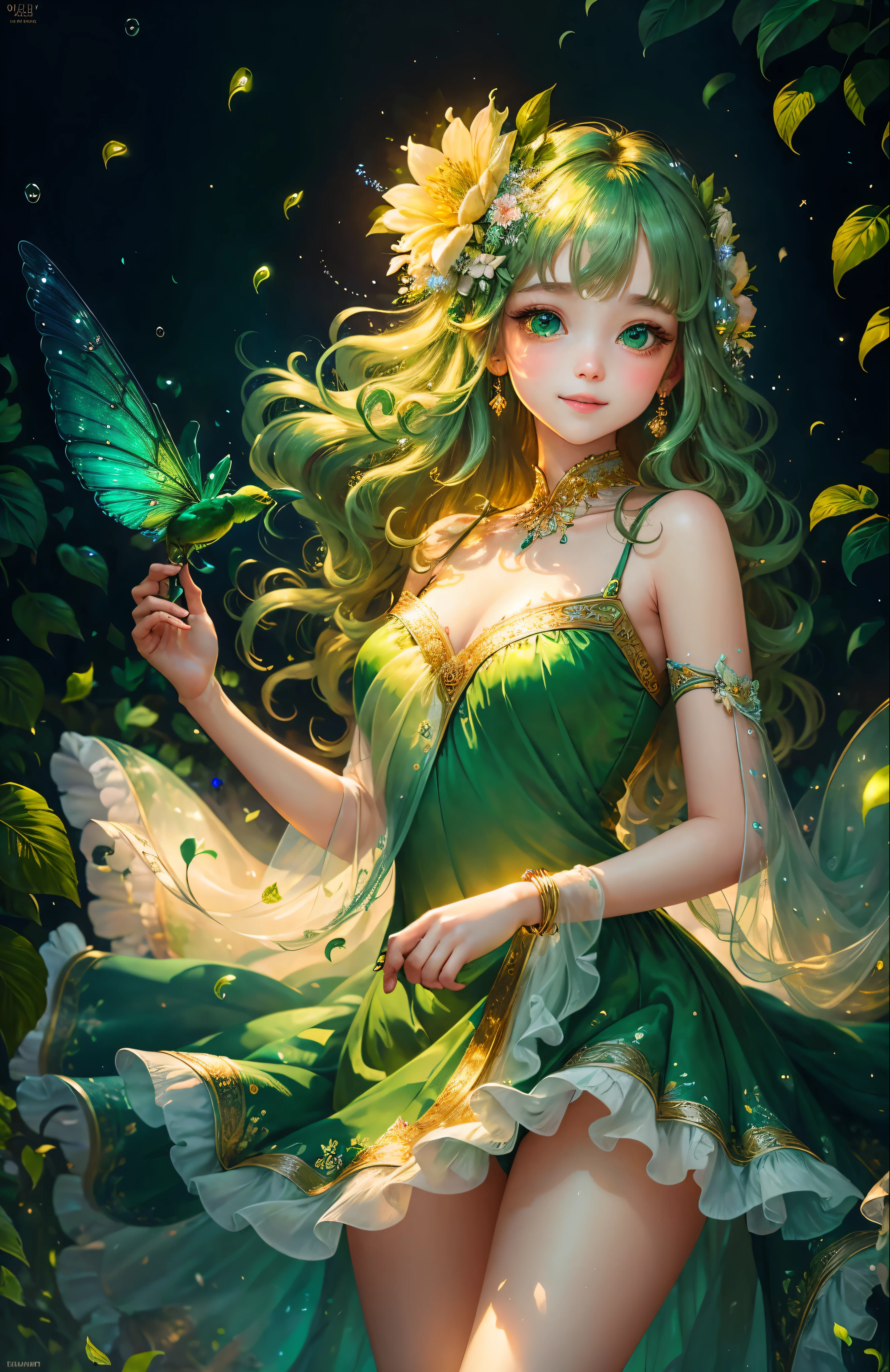 (masterpiece，Highest quality，Highest quality，Beautiful and beautiful:1.2)，Realistic，Full body portrait，A beautiful girl the size of a flower, Flower spirits in human form，Standing at the limit，Face Focus，Beautiful Eyes，Between the leaves，Ultra-realistic，Charm，Emerald Green Costume，sleeveless long dress，Sparkling，Aura-luminescence，Transparency，Pale green and yellow tones，Bright light，High resolution，Super detailed，Bright colors，Cute expression，Happy Max Emotion，Character Design, Digital Art