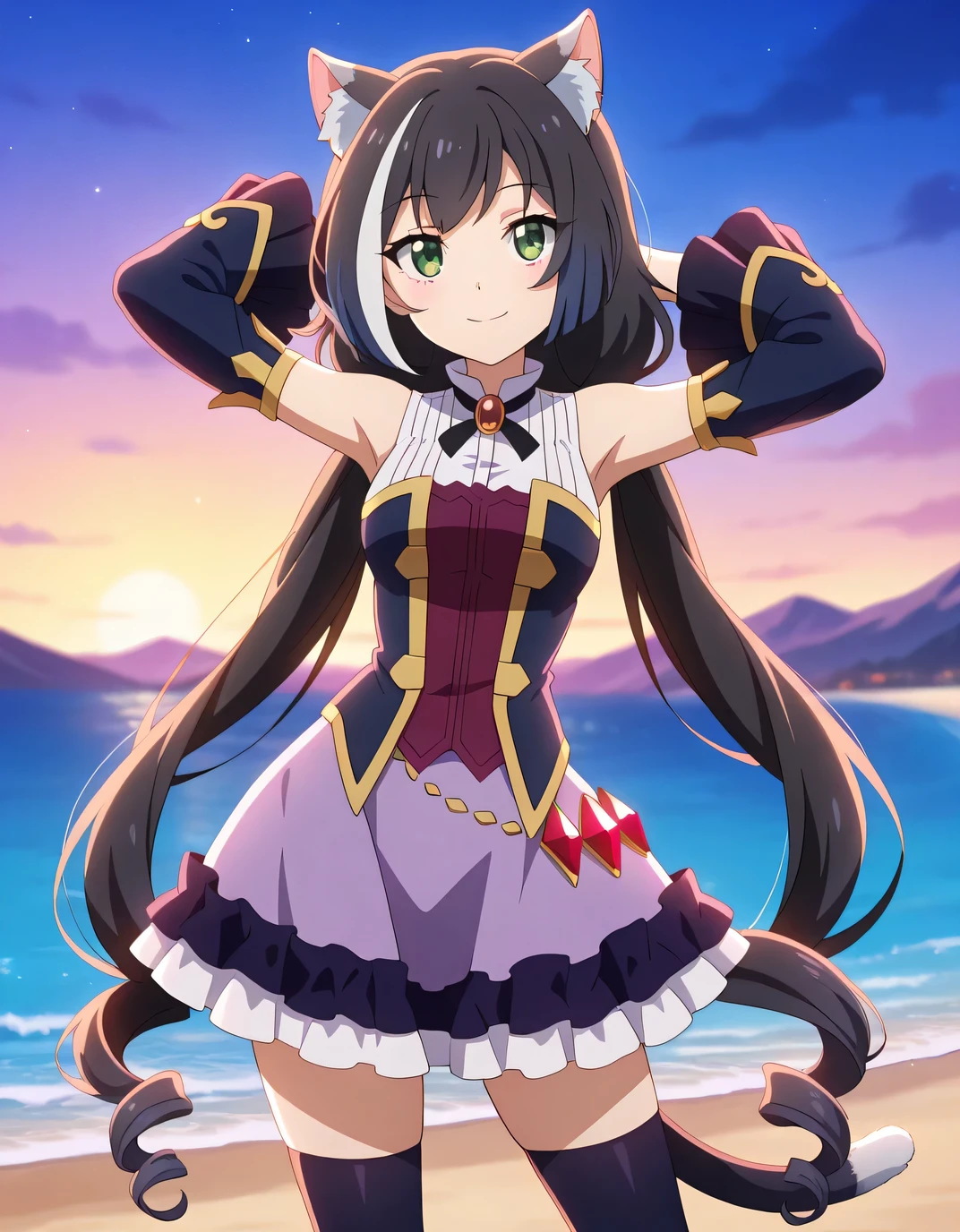 anime screencap, masterpiece, best quality,
1girl, solo, closed mouth, smile,
long hair, streaked hair, black hair, white hair, low twintails, green eyes, cat ears, cat tail,
KarylDress, multicolored dress, red brooch, detached sleeves, gold trim, red gemstone, frilled skirt, purple skirt,  black thighhighs,
cowboy shot, night sky, beach, hands behind head, ((contrapposto)), looking at viewer, smile,
blurry background, mountainous background, scenery, day