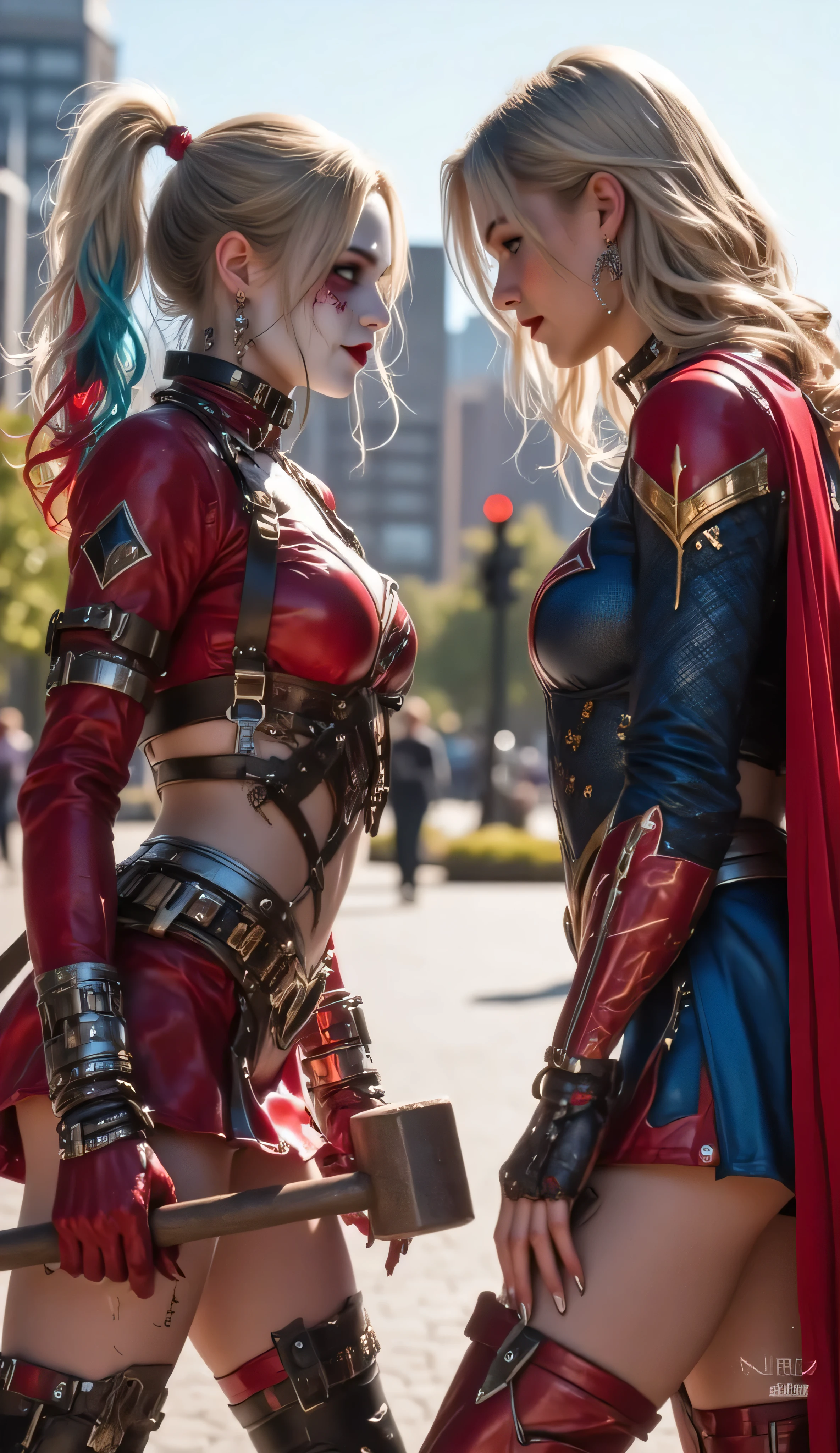 A hyper-realistic, ultra-detailed 8K cinematic image capturing the intense moment Harley Quinn and Supergirl face off in a dramatic close-up confrontation.

Harley Quinn:

She stands confidently, leaning forward slightly, her signature smirk replaced by a glare of challenge.

Wearing a stylized, high-fashion version of her red-and-blue costume, with leather straps, diamond patterns, and a hint of glitter.

Her blonde hair is tied into high pigtails with red and blue ends, slightly messy, swaying in the tension-filled air.

Her makeup is bold — white face, heavy eyeliner, and a smeared red lip — adding to the wild defiance in her expression.

One hand grips her mallet tightly, resting on her shoulder; the other hangs loose, ready to move.

Supergirl:

Standing tall and composed, but eyes narrowed with equal intensity.

Her modern Kryptonian suit gleams in the sunlight — the iconic red and blue armor with a flowing crimson cape behind her.

Blonde hair ripples slightly in the breeze, framing her determined expression.

Her eyes glow faintly with restrained heat vision, adding a subtle threat to her calm exterior.

Environment & Mood:

The background is slightly blurred, showing an open park plaza under a clear sky, giving the scene a sense of clarity and suspense.

The image is focused tightly on both faces — the tension between chaos and order, wild vs. righteous, two powerful women on the edge of battle.