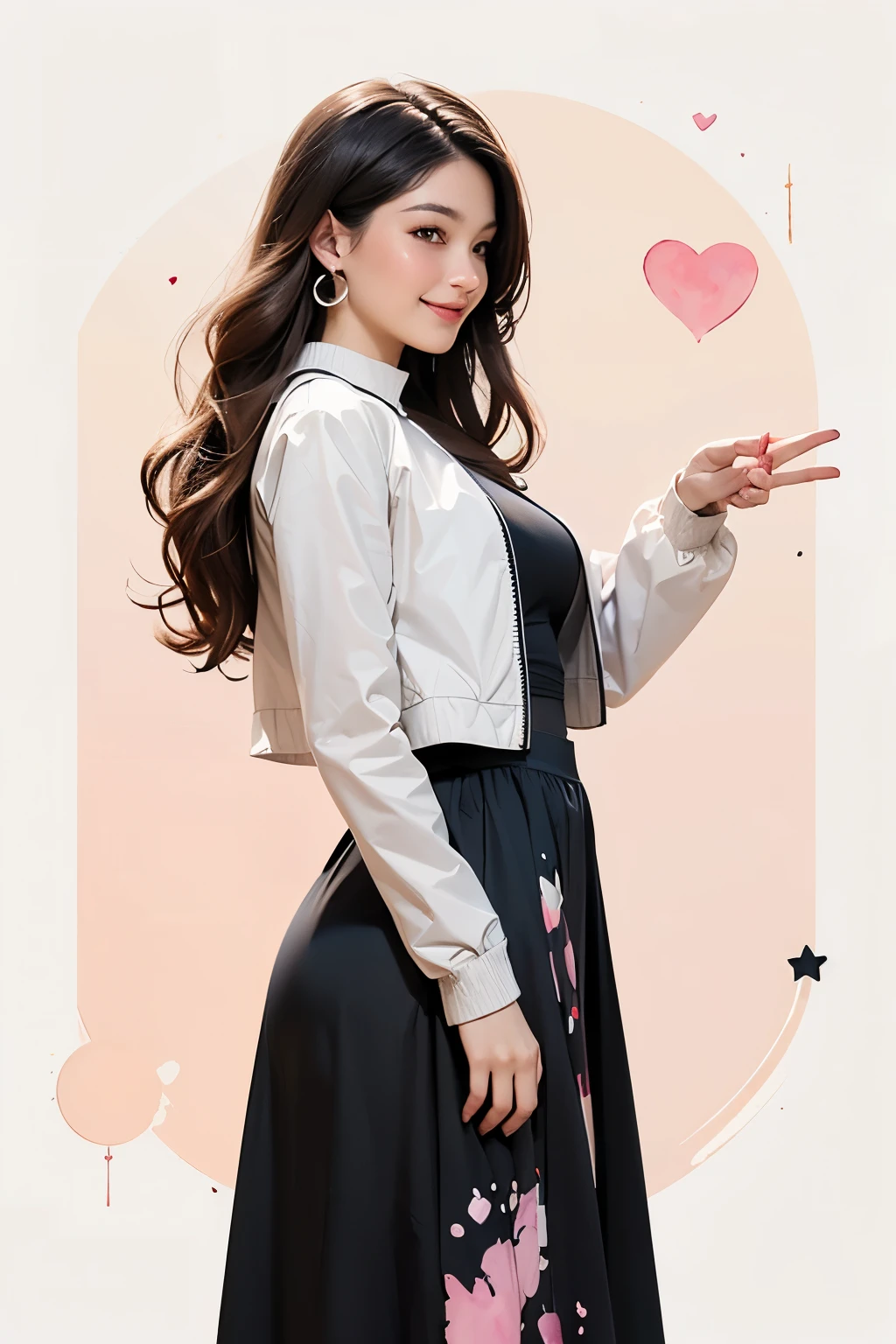 two-dimensional, national foundation, pastel colors, watercolor, line art, ankymoore, woman, alone, long hair, looking at the audience, long flowing skirt, brown hair, smiling, loose fit crop jacket, brown eyes, jewelry, Hearts in the air, view from below, standing on edge of a lineart illustration ink dripping background