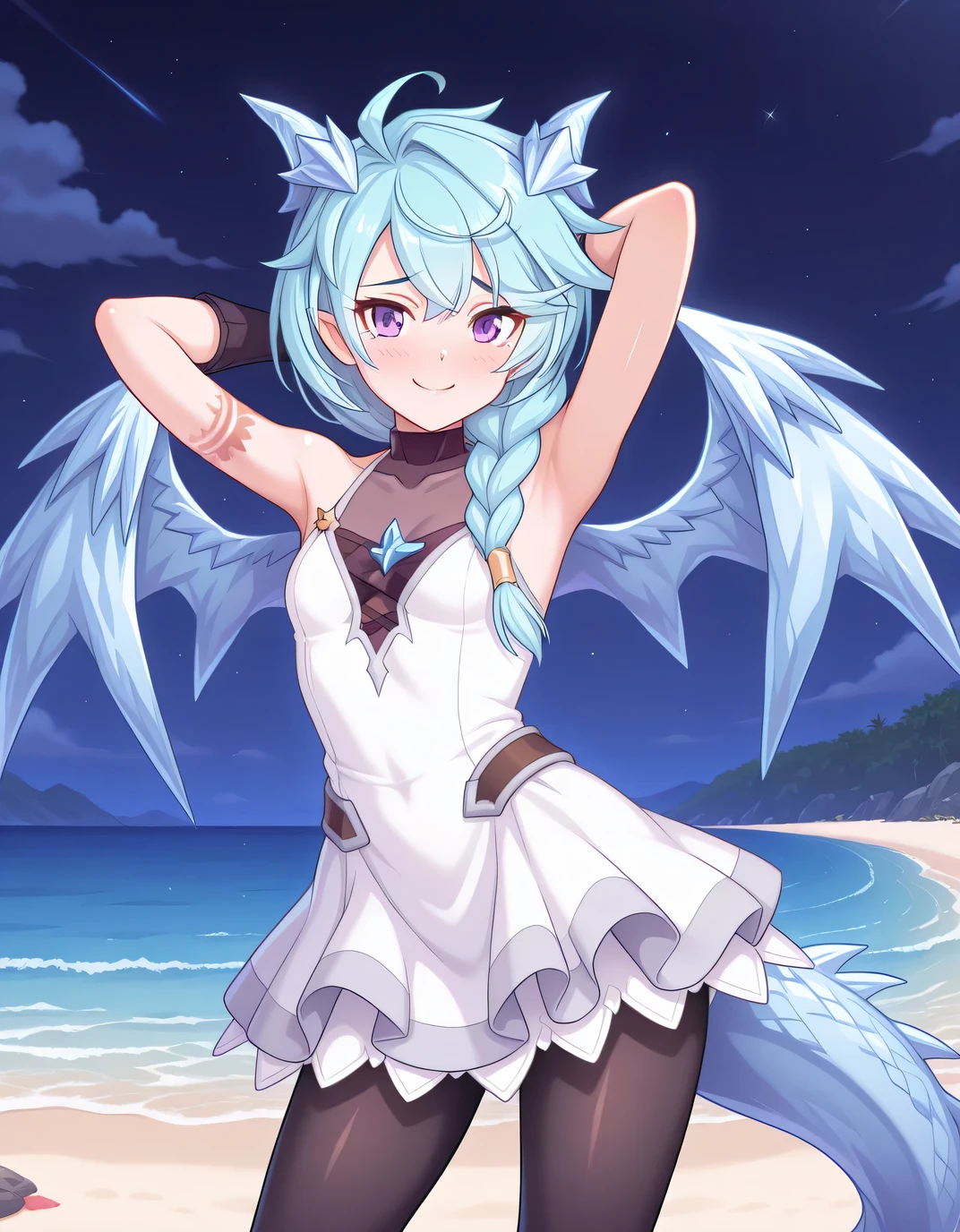 pcrsheffy, light blue hair, long hair, braid, purple eyes, dragon tail, dragon horns, dragon wings, ahoge, arm tattoo, sheffydefdress, white dress, covered collarbone, sleeveless, bare shoulders, black gloves, black pantyhose, source anime, shiny skin, high quality, solo, night sky, beach, hands behind head, ((contrapposto)), closed mouth, cowboy shot, looking at viewer, shy smile, best quality
