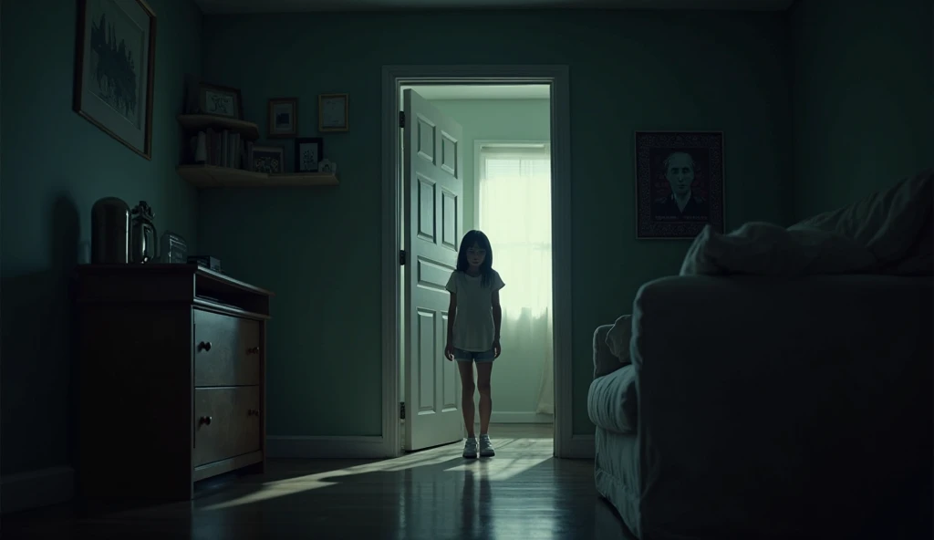 Make me a picture like a girl heard a scary voice inside the room