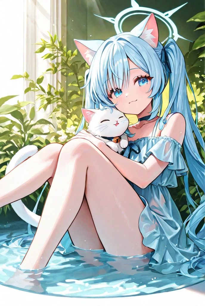 eyes detail,full length photo,One girl,Meet,bare feet,Barefoot,watercolor style,Cat style,Display in public places,Silver long hair,light blue hair,Light pink hairstyle,cat's ears,pink eyes,Meia Blanca,Pink Bow,Smile with your mouth open,dressing bracelet,Excellent image performance,Best quality at its best