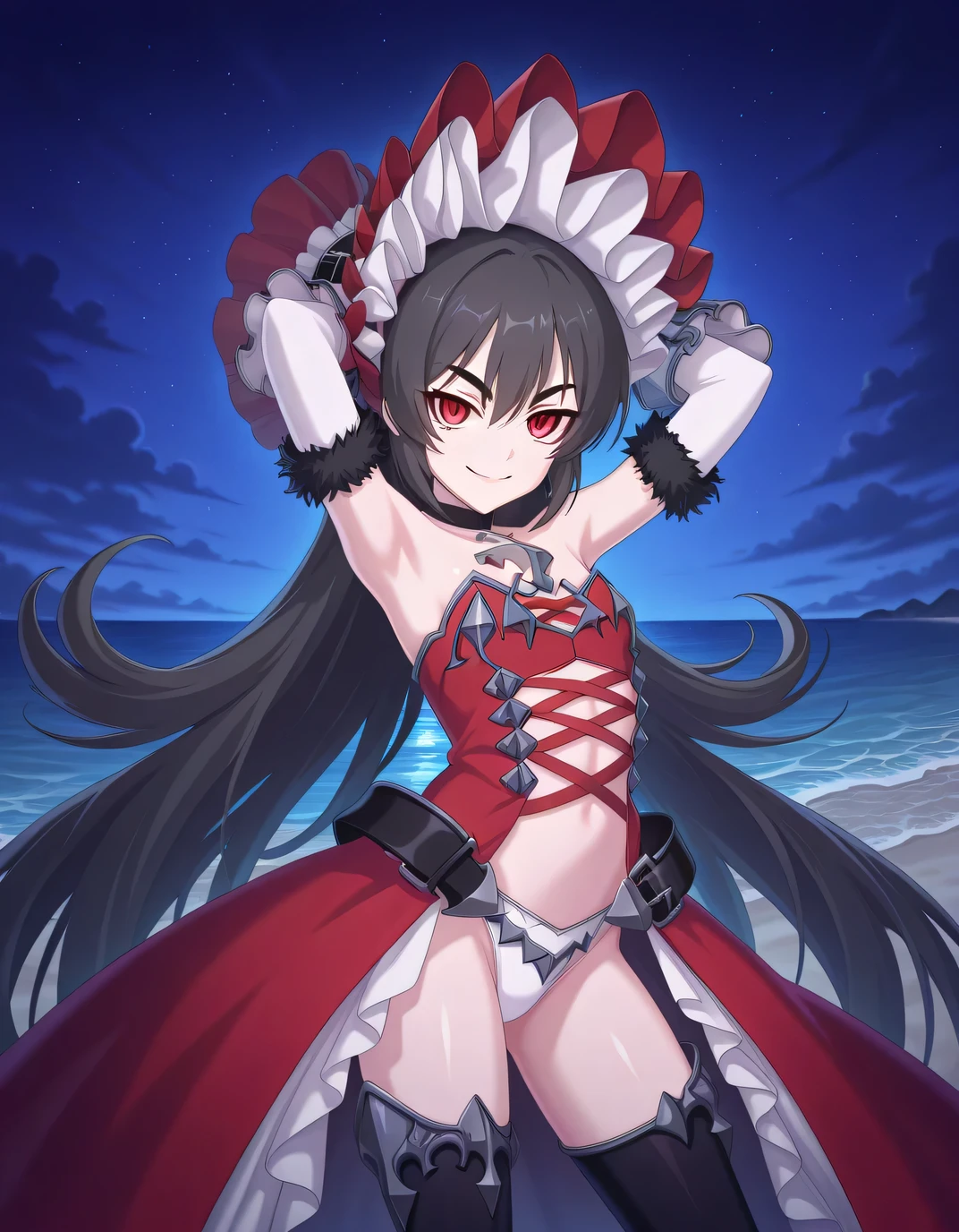 1girl, solo, long hair, breasts, looking at viewer, smile, open mouth, bangs, black hair, red eyes, navel, holding, cleavage, hair between eyes, bare shoulders, medium breasts, purple eyes, collarbone, tail, swimsuit, ahoge, grey hair, bikini, cowboy shot, frills, horns, pointy ears, sketch, tattoo, black bikini, heterochromia, umbrella, beach, demon girl, demon horns, demon tail, frilled bikini, holding umbrella, pubic tattoo