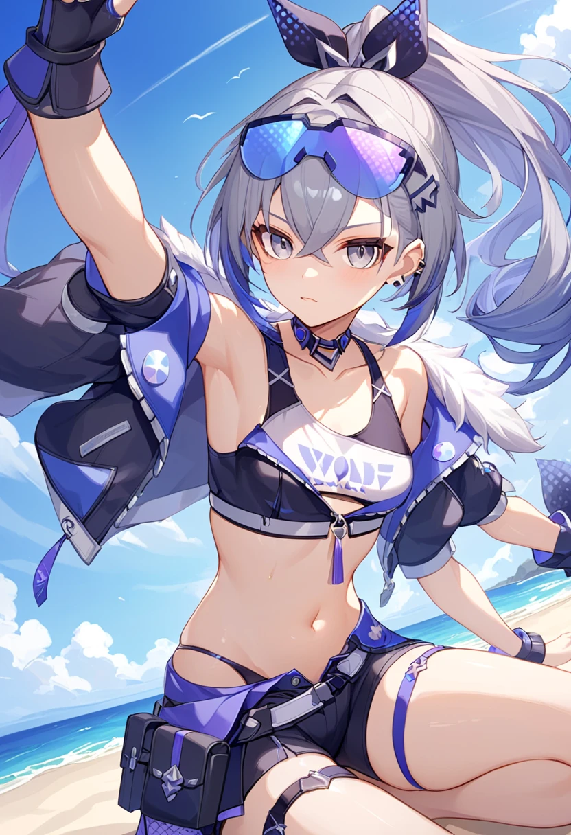 1girl, blue hair, large breasts, bunny ears, rabbit ears, wide hips, blue eyes, short hair, very short hair, science-fiction, tech, futuristic, machinery, full body, neon trim, bikini, light smile, shoes, sneakers, blue trim, black jacket, jacket, v-string, v string