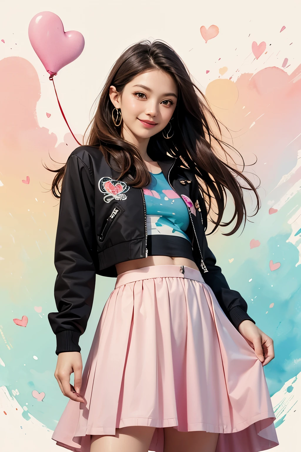 two-dimensional, national foundation, pastel colors, watercolor, line art, ankymoore, woman, alone, long hair, looking at the audience, long flowing skirt, brown hair, smiling, loose fit crop jacket, brown eyes, jewelry, Hearts in the air, view from below, standing on edge of a lineart illustration ink dripping background