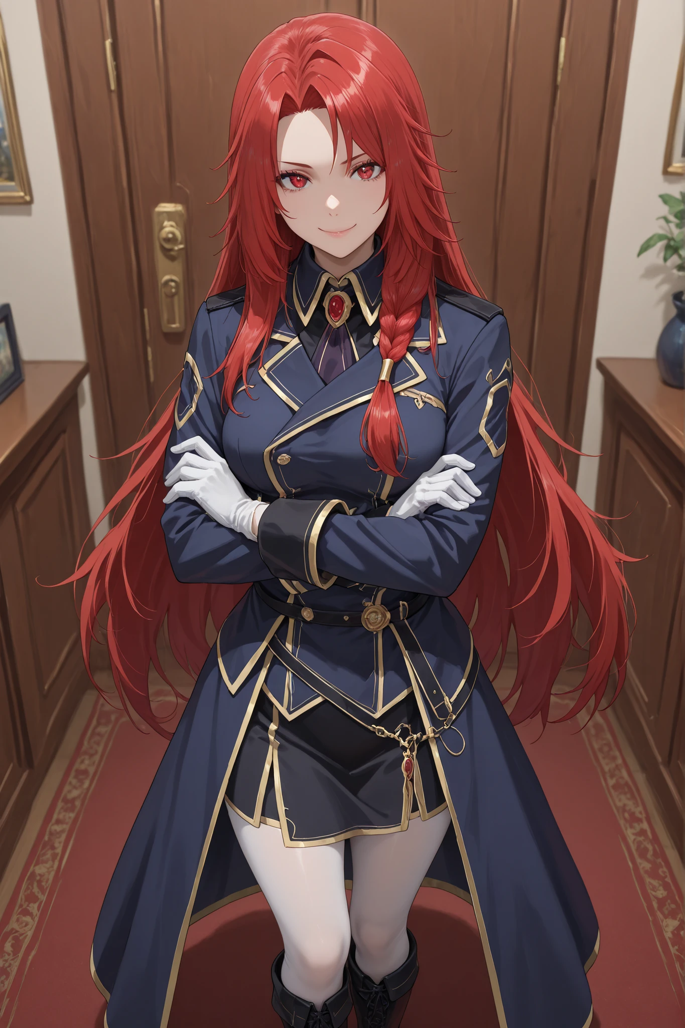 1 girl, Iris Midgar, red hair, long hair, parted bangs, side braid, red eyes, pretty eyes, dark blue coat, gold details, black skirt, white tights, white gloves, black boots, standing, at home, in living room, confident smile, very pretty, sexy, sexy pose, looking at viewer, best quality, masterpiece, ultra detailed, very aesthetic