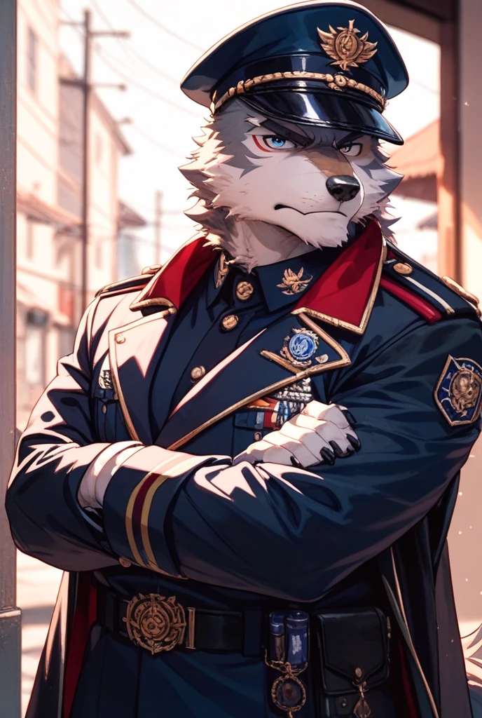 The expression fierce,Displeased,Serious,Tall guy,Wolf Clan,solidcolor,Dark gray hair,Bleeding,seriously injured,Golden pupils,commander,Officer's cap,((Blood-stained clothing,army suit)) ,((Inside the building,the only person)), ((the detail)),((depth of fields))